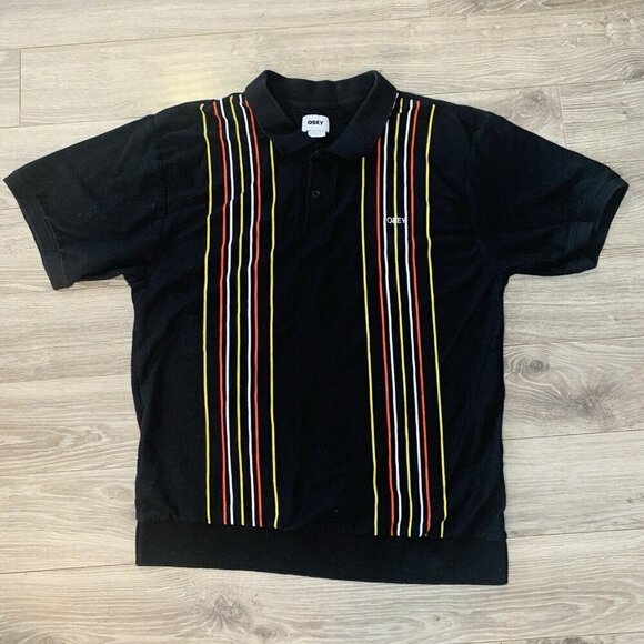 OBEY Polo Shirt Brick Lane Men’s XL Black Vertical Stripes Knitted - Picture 1 of 13
